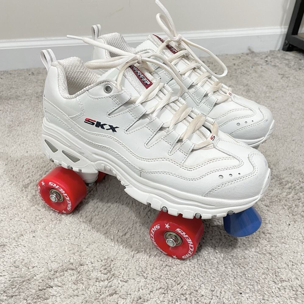 Skechers White Roller Skate Sneakers with Red and Blue Wheels